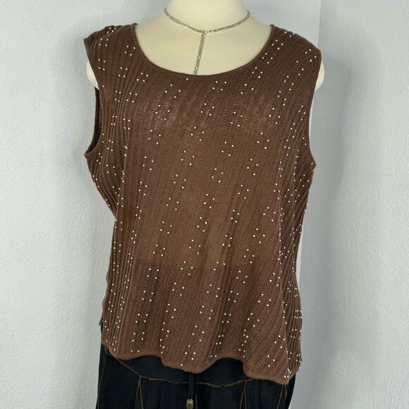 Vintage 90s Linen Blend Brown Beaded Sweater Vest Plus Size 3X Maggie MCNaughton - Picture 1 of 7